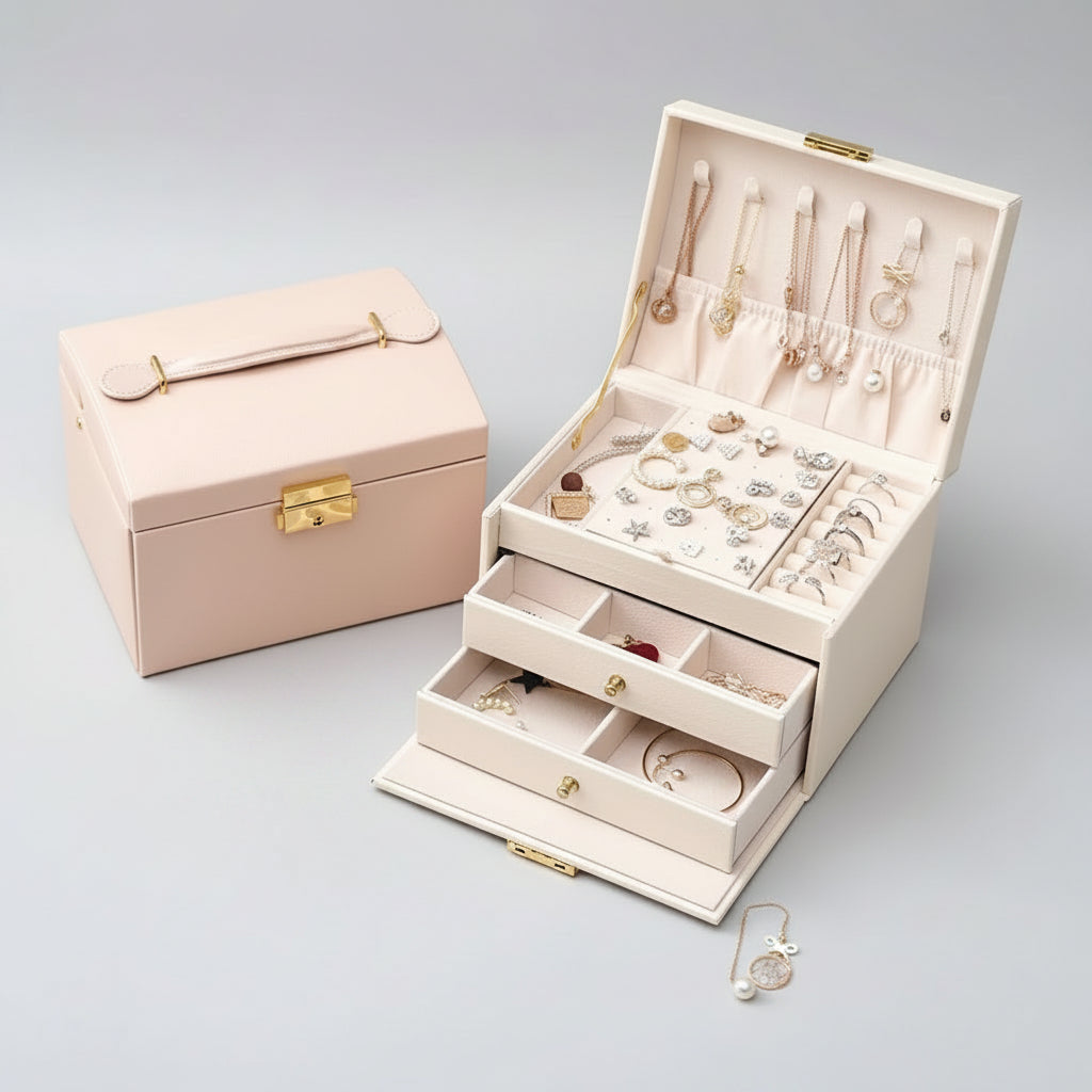 Boîte à bijoux Luvarie en cuir – 3 niveaux avec miroir & verrou - Cléophée Paris