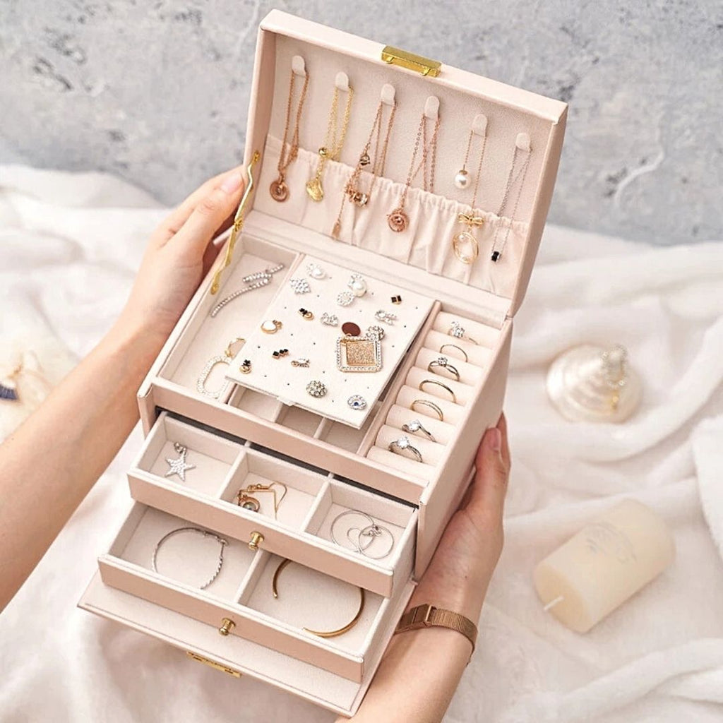Boîte à bijoux Luvarie en cuir – 3 niveaux avec miroir & verrou - Cléophée Paris