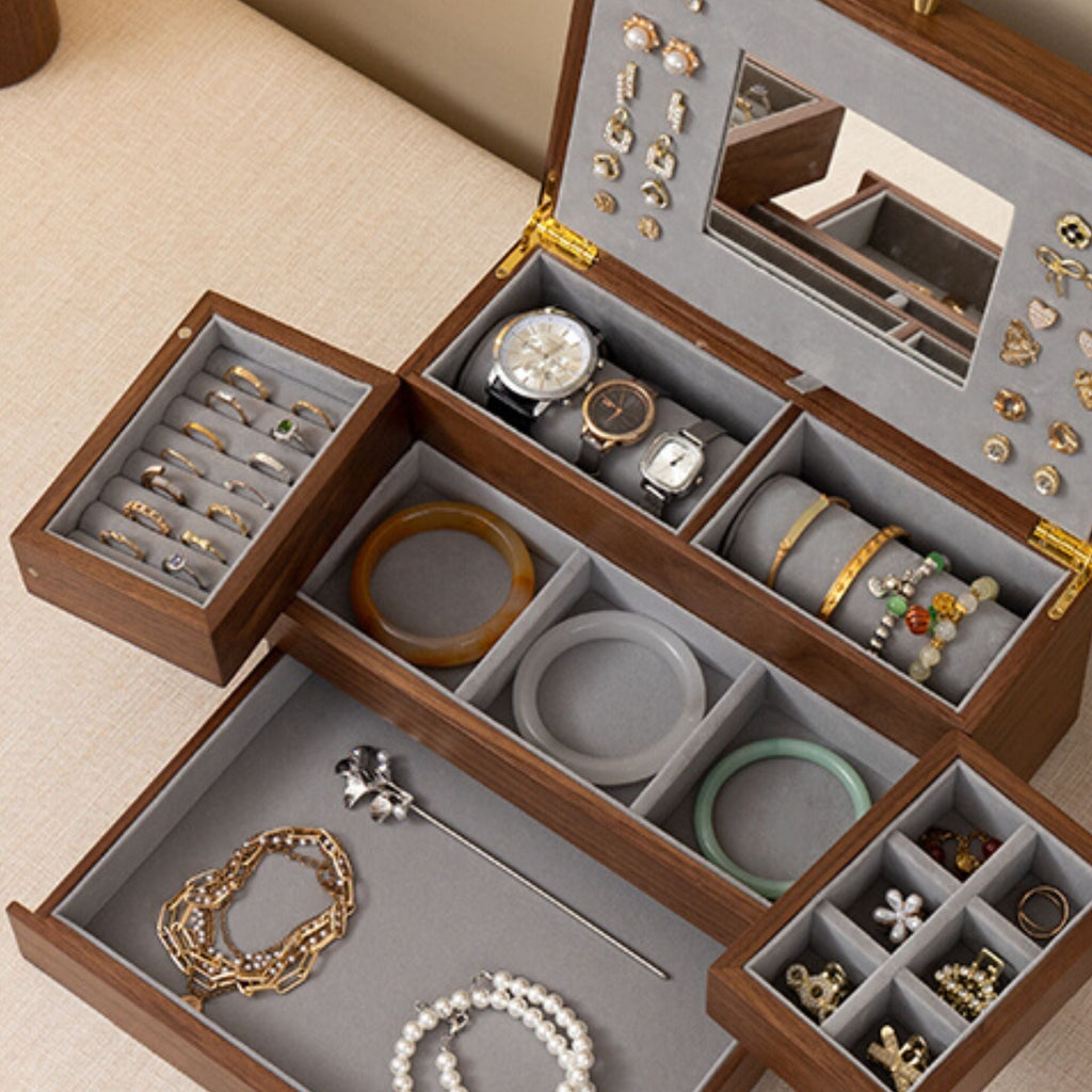 Boîte à bijoux noyer – Miroir & tiroir magnétique - Cléophée Paris