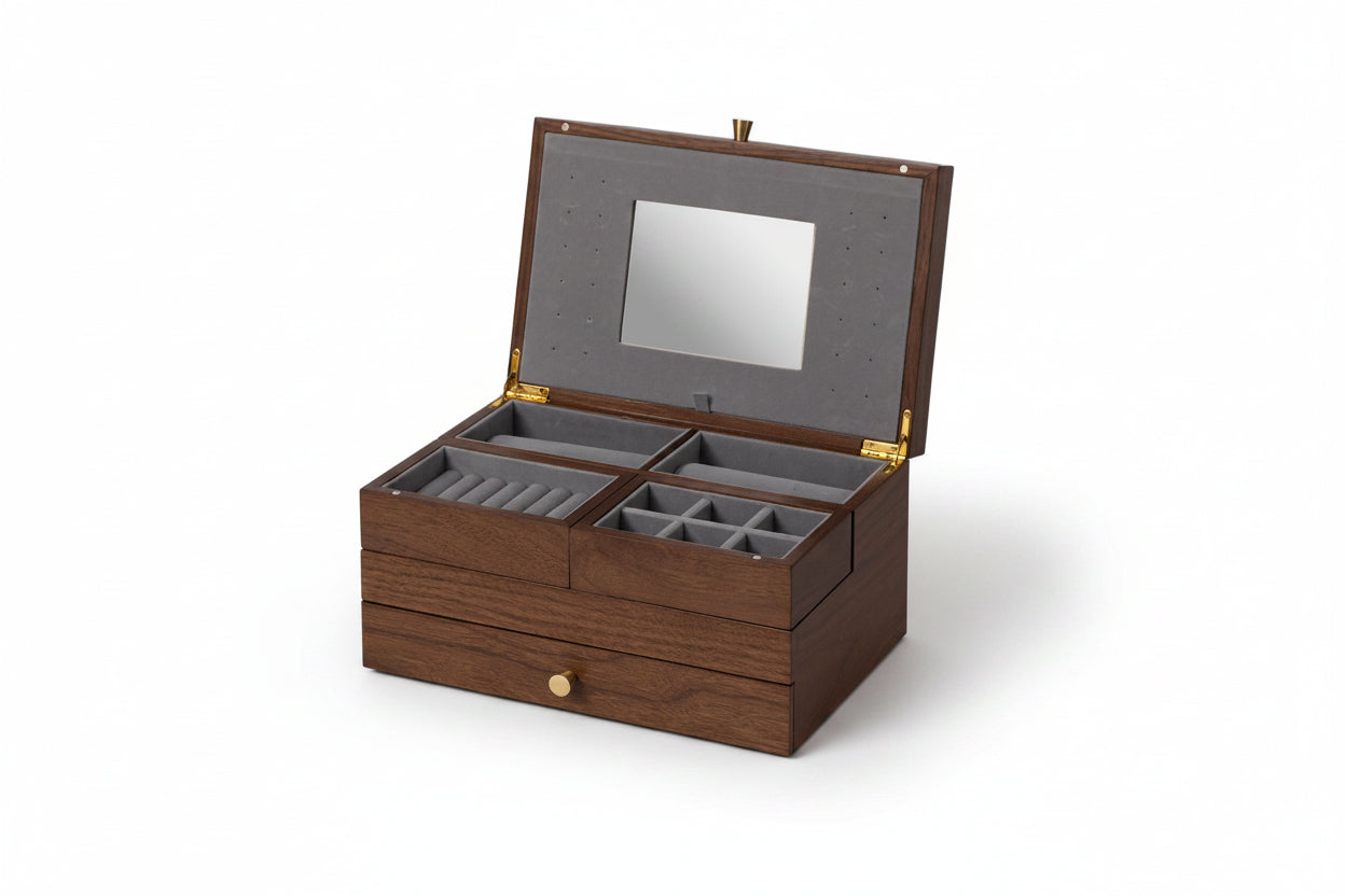 Boîte à bijoux noyer – Miroir & tiroir magnétique - Cléophée Paris