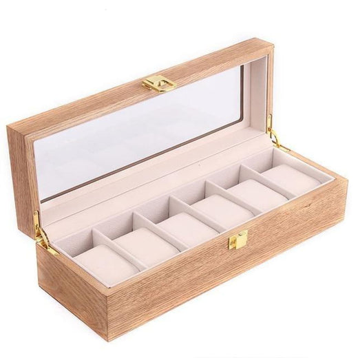 Boîte de rangement 6 montres en noyer avec couvercle vitré, vue de face – Cléophée Paris