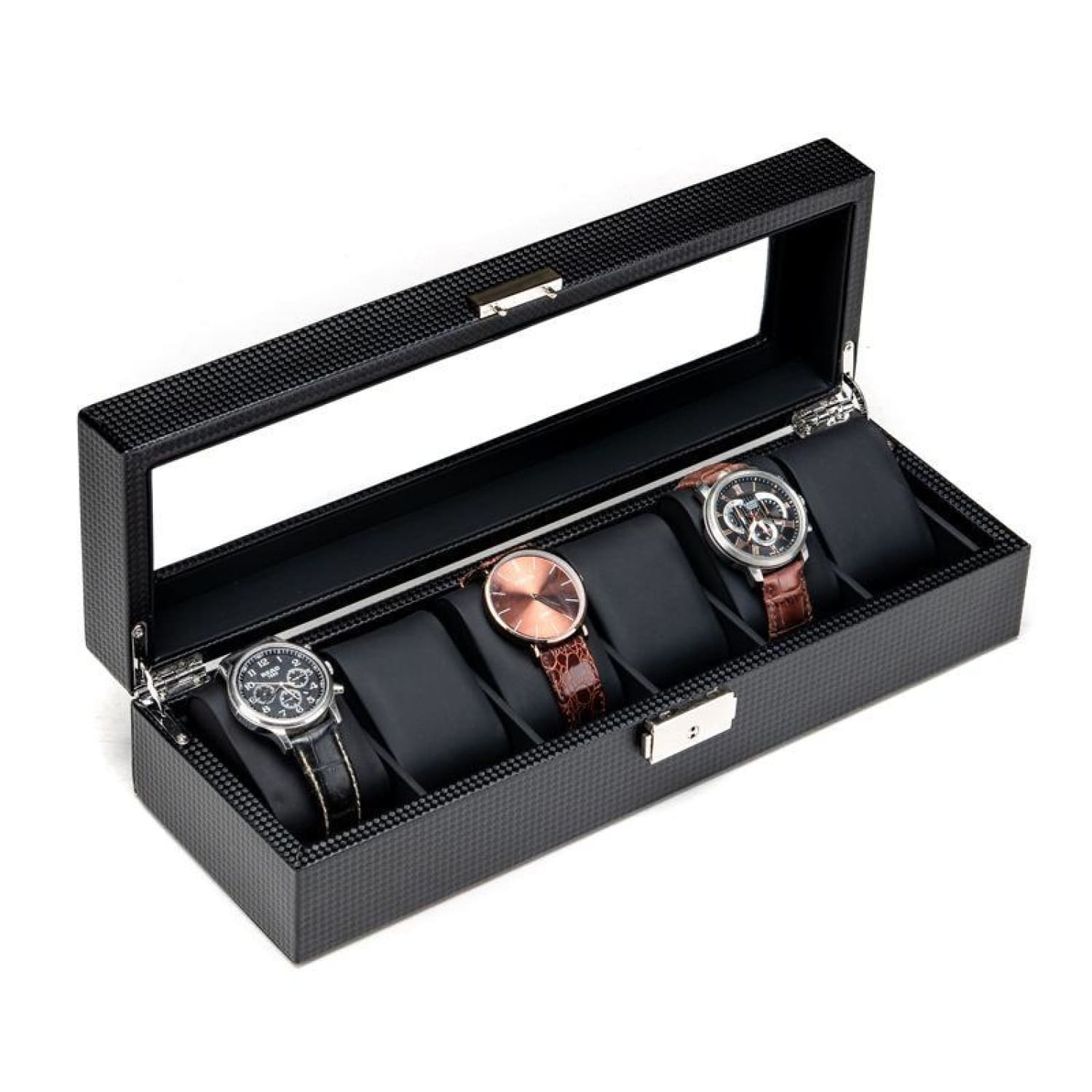 Coffret à montres en carbone noir – 6 emplacements – vue 2 – Cléophée Paris