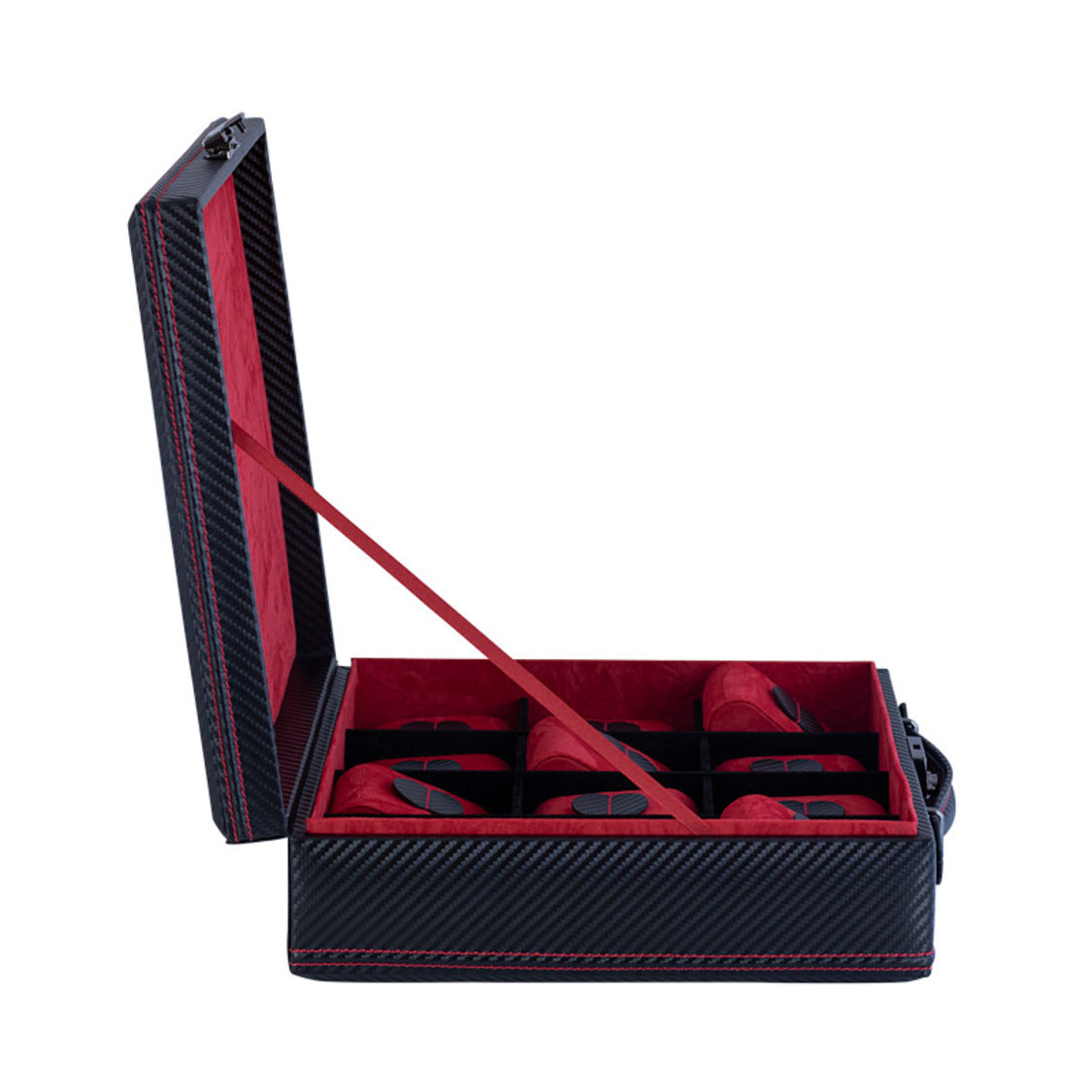 Boîte à montres en carbone rouge – 4 emplacements – vue 9 – Cléophée Paris