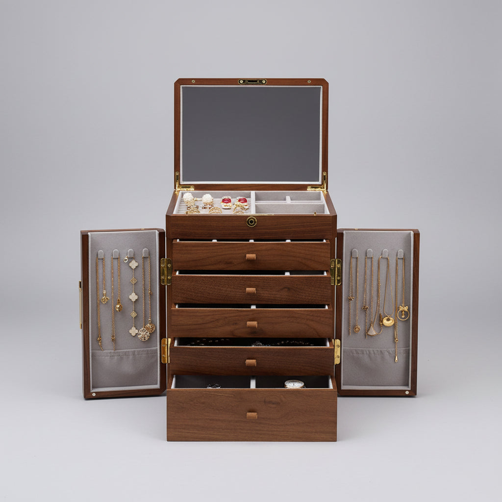 Cabinet à bijoux en bois avec colliers et bagues rangés, idée cadeau femme – Cléophée Paris