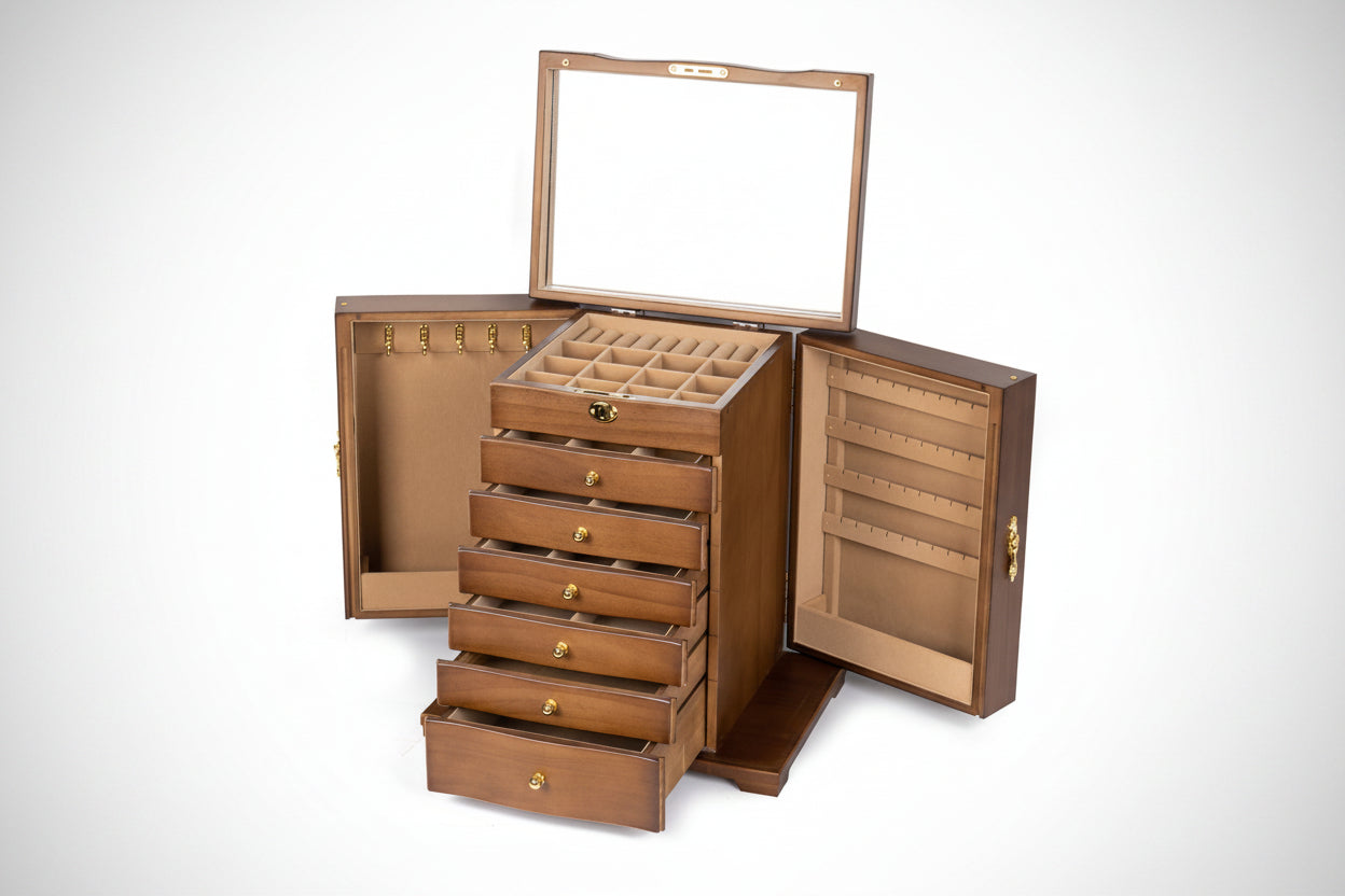 Coffret à bijoux 7 niveaux ouvert avec miroir – Cléophée Paris