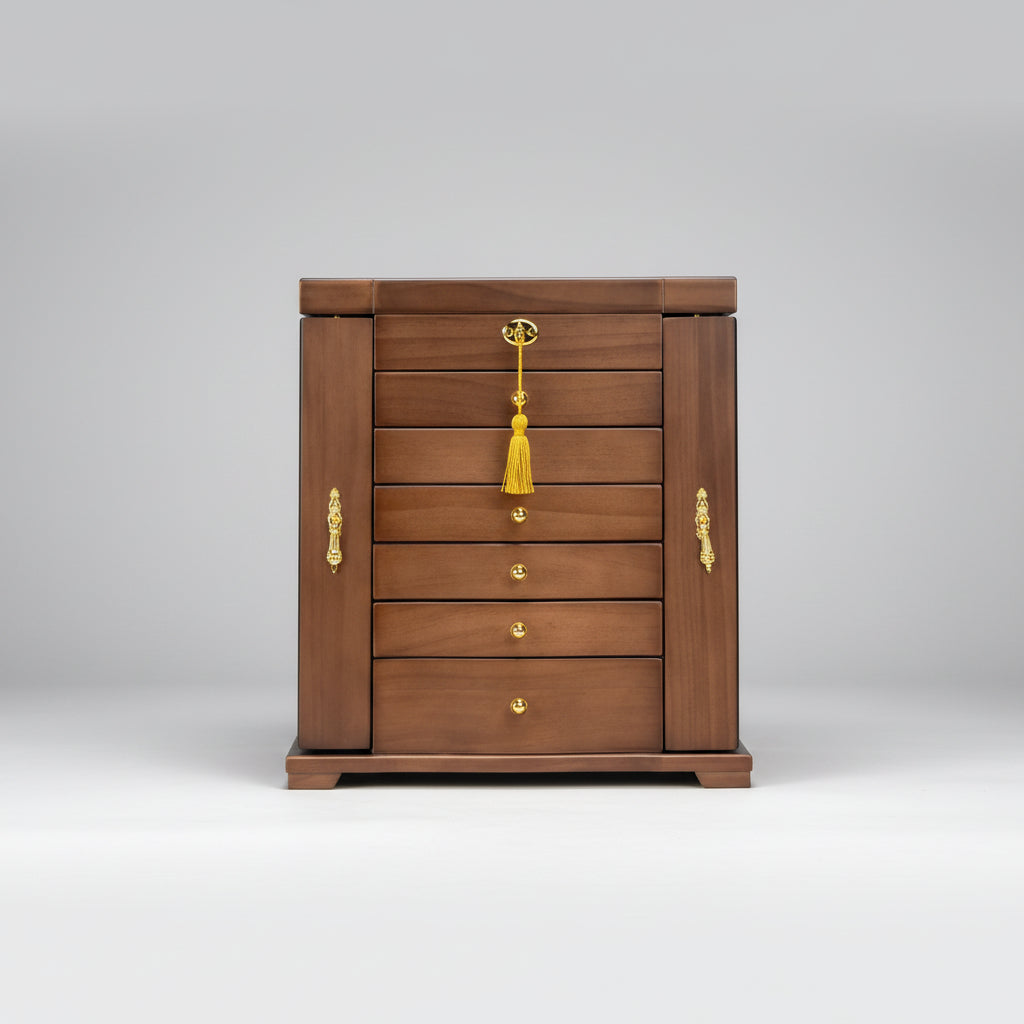 Coffret à bijoux en bois 7 niveaux avec miroir et serrure, vue de face – Cléophée Paris