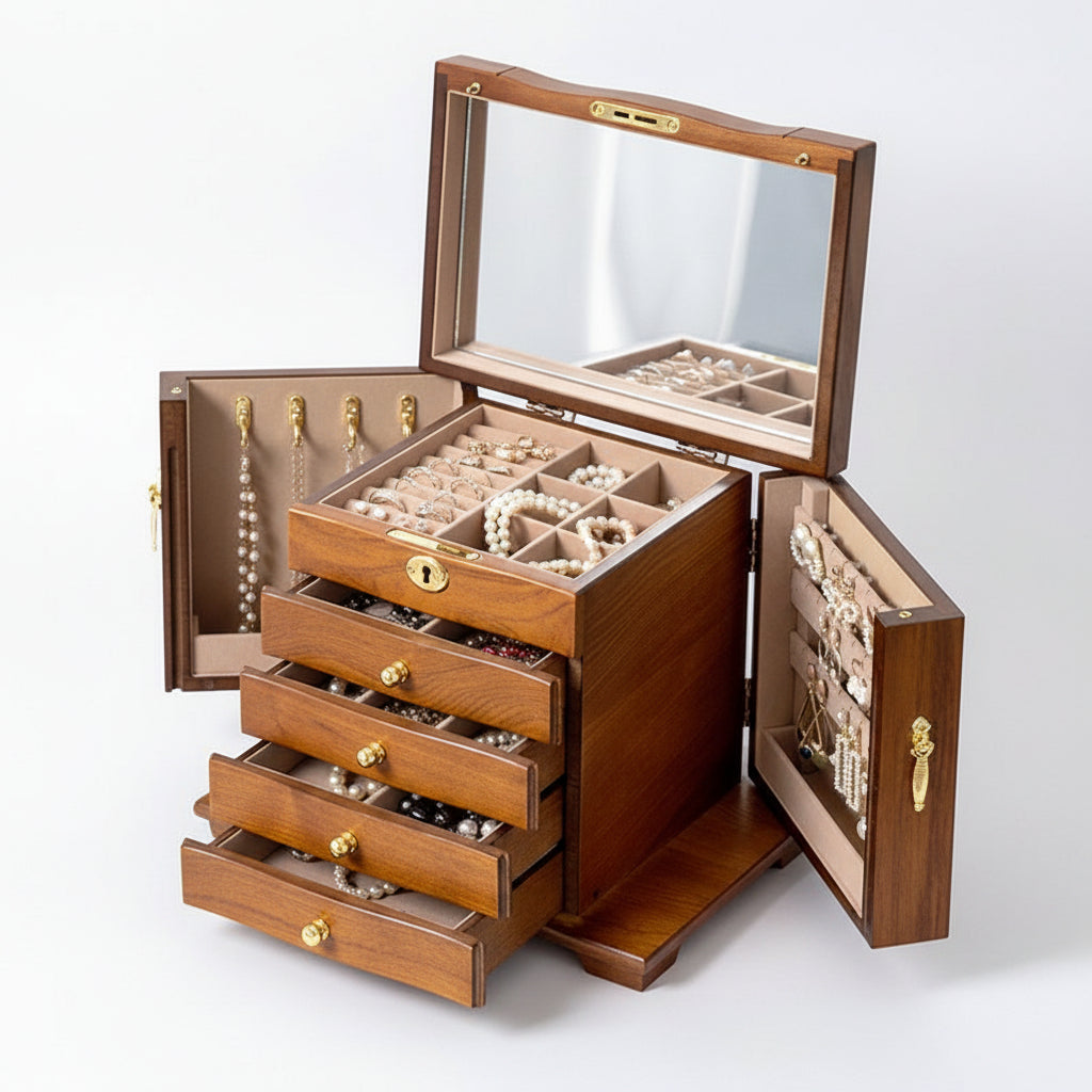 Coffret à Bijoux en Bois MDF avec Miroir et Serrure – 5 Niveaux - Cléophée Paris