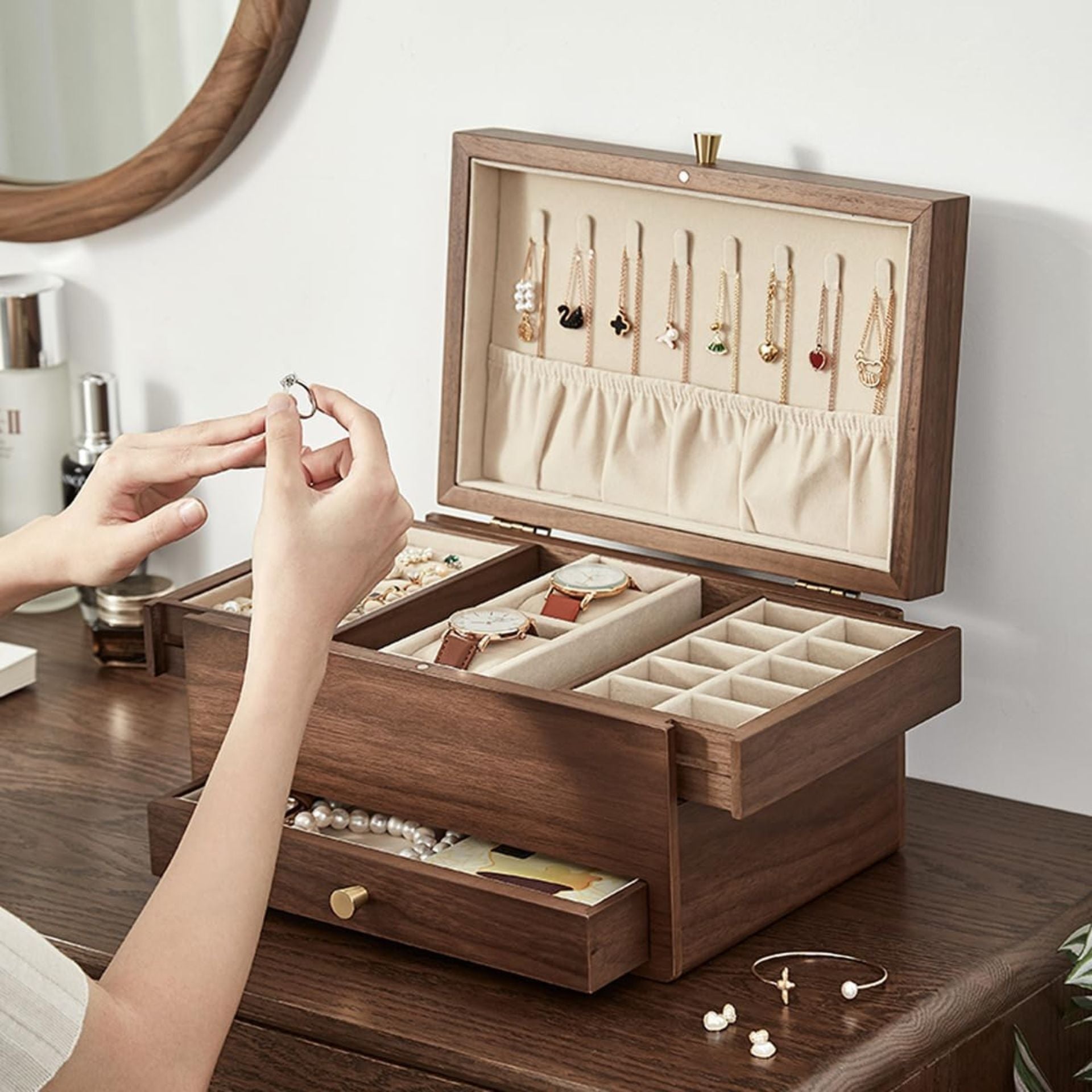 Coffret à bijoux en bois – velours intérieur et miroir - Cléophée Paris