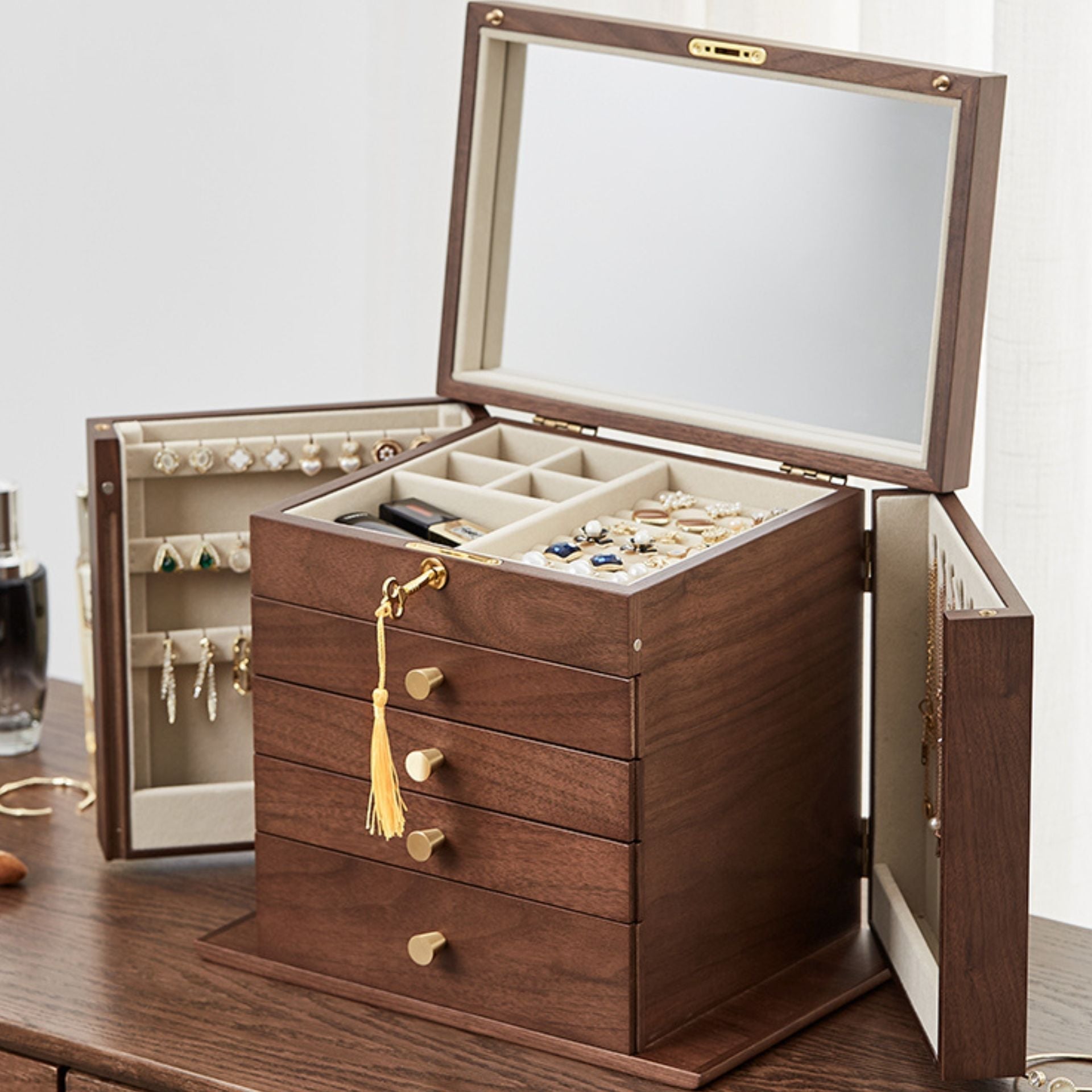 Coffret à Bijoux en Noyer avec Miroir – 5 Niveaux et Serrure - Cléophée Paris