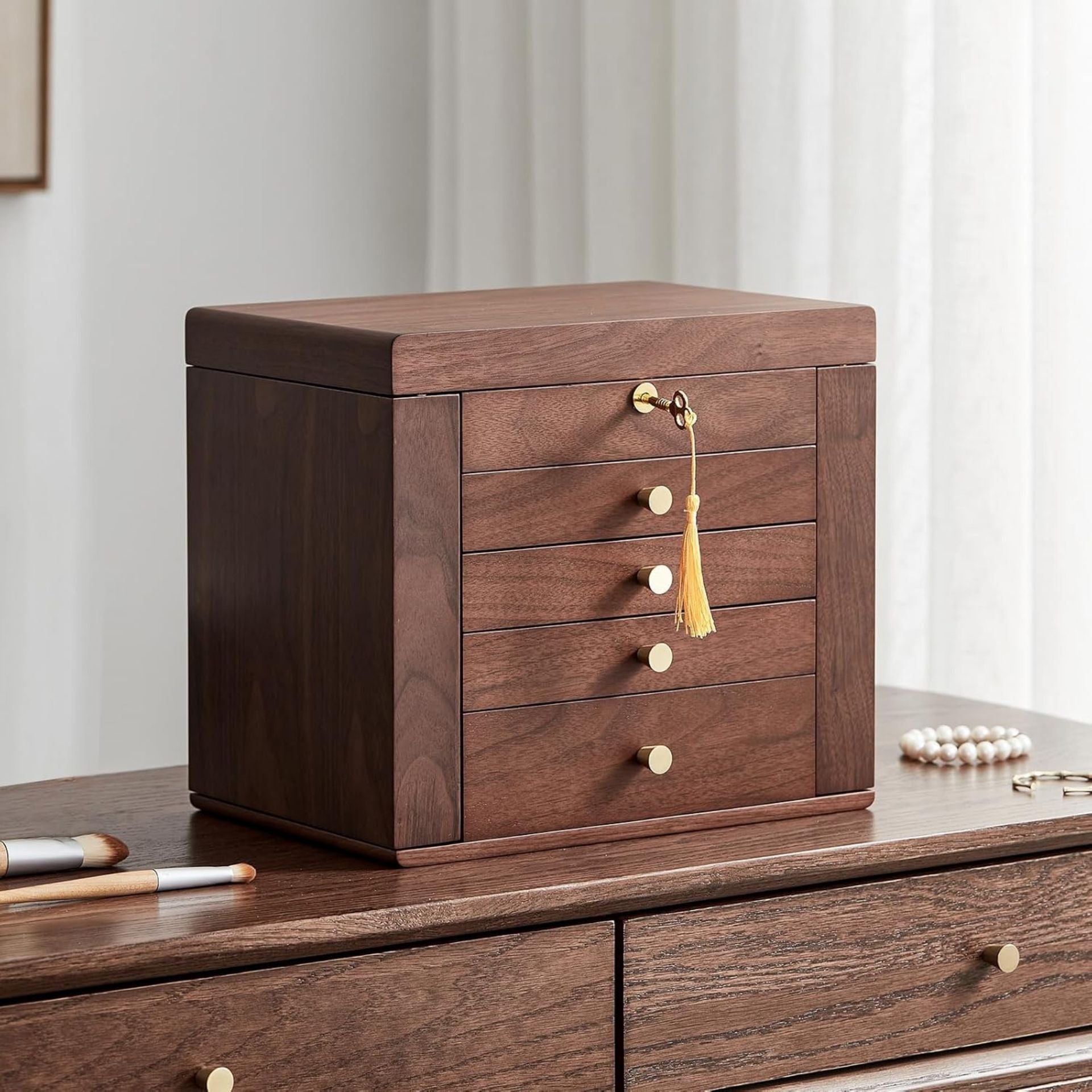 Coffret à Bijoux en Noyer avec Miroir – 5 Niveaux et Serrure - Cléophée Paris