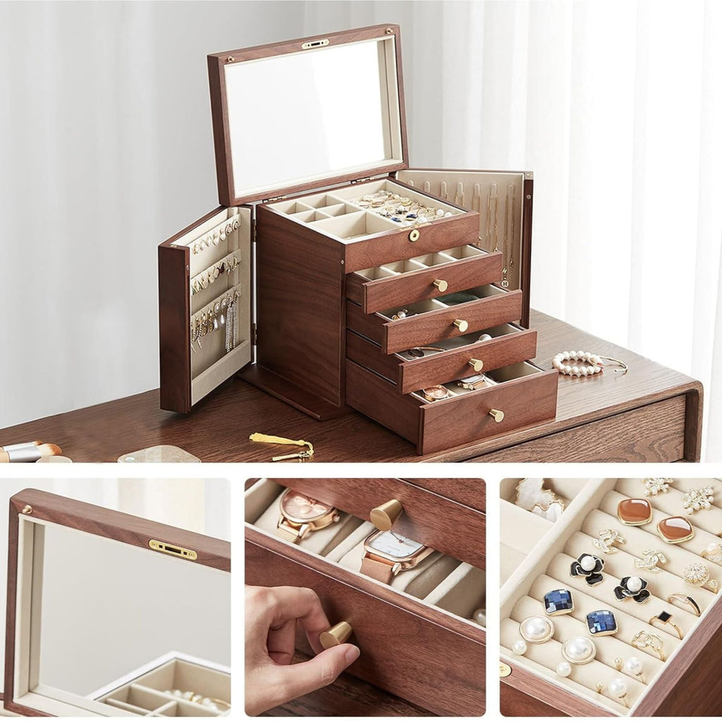 Coffret à Bijoux en Noyer avec Miroir – 5 Niveaux et Serrure - Cléophée Paris
