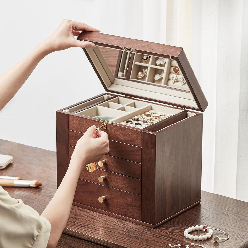 Coffret à Bijoux en Noyer avec Miroir – 5 Niveaux et Serrure - Cléophée Paris