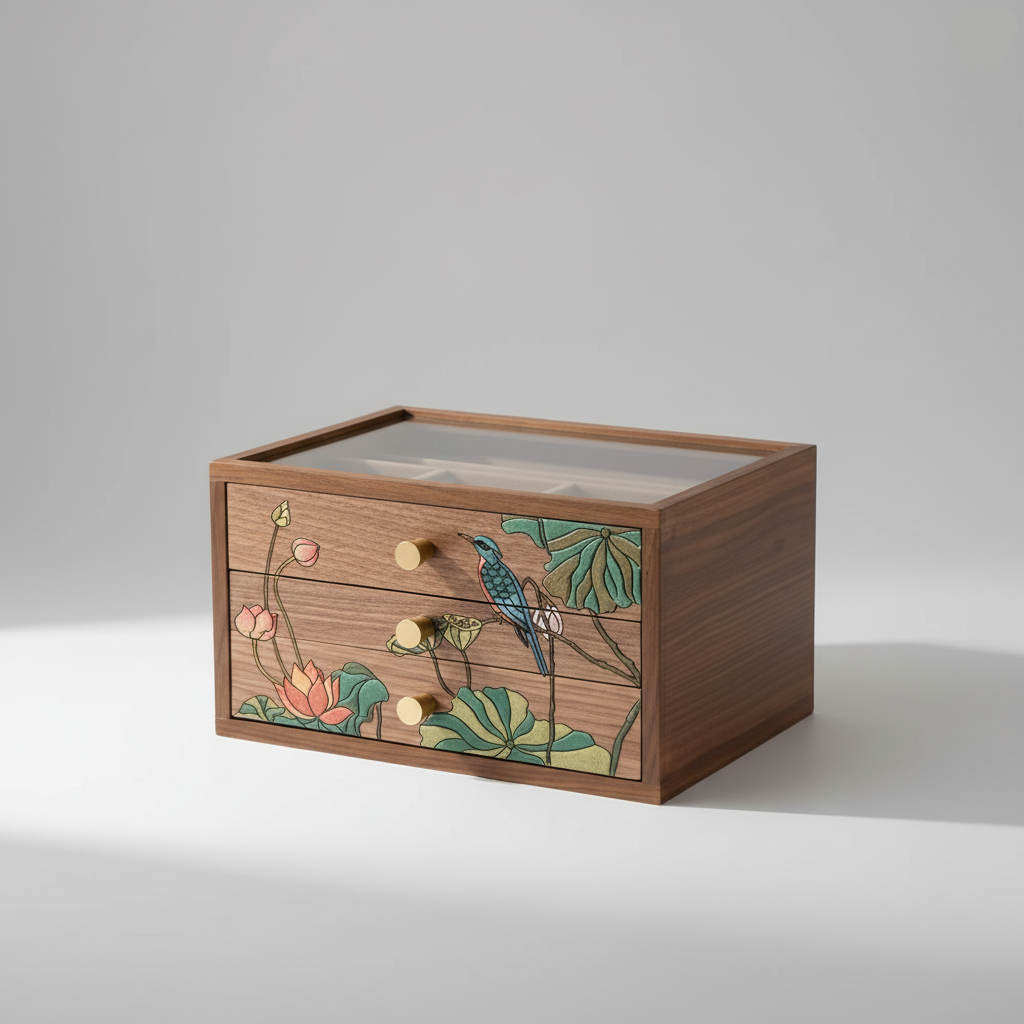 Coffret bois décor peint – 4 tiroirs