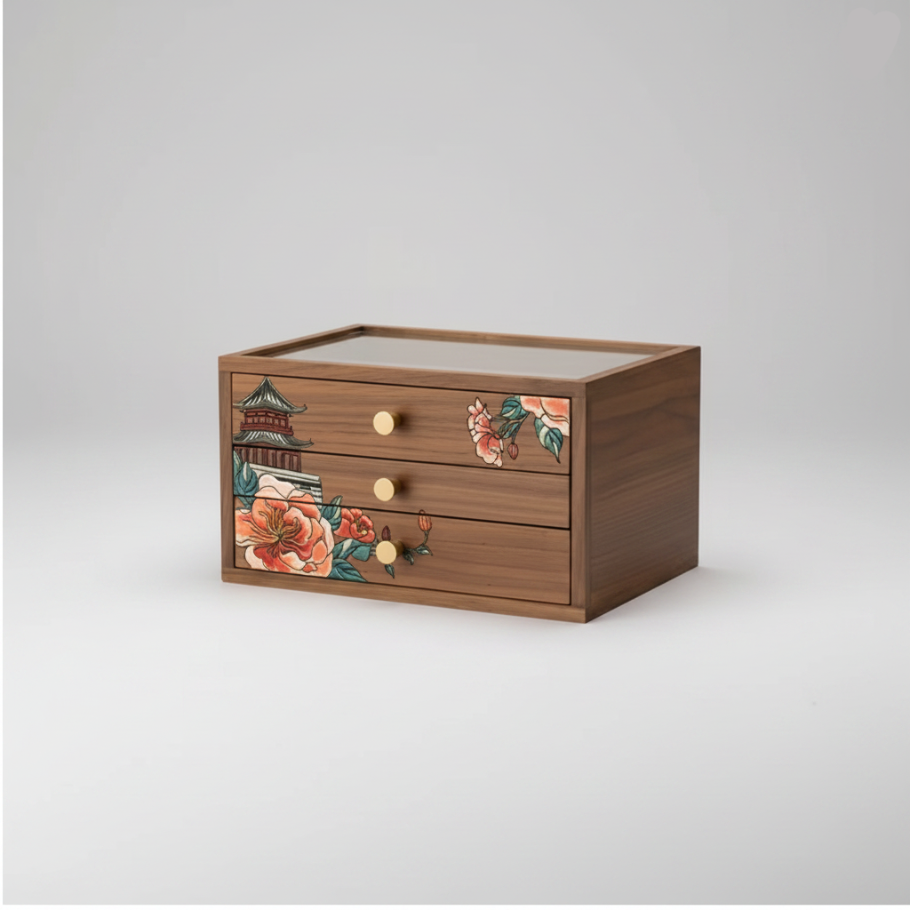 Coffret bois décor peint – 4 tiroirs