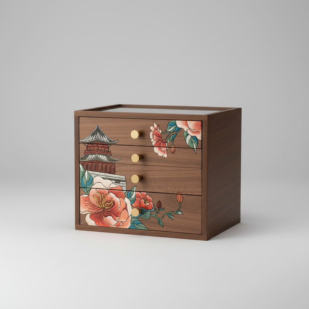 Coffret bois décor peint – 4 tiroirs