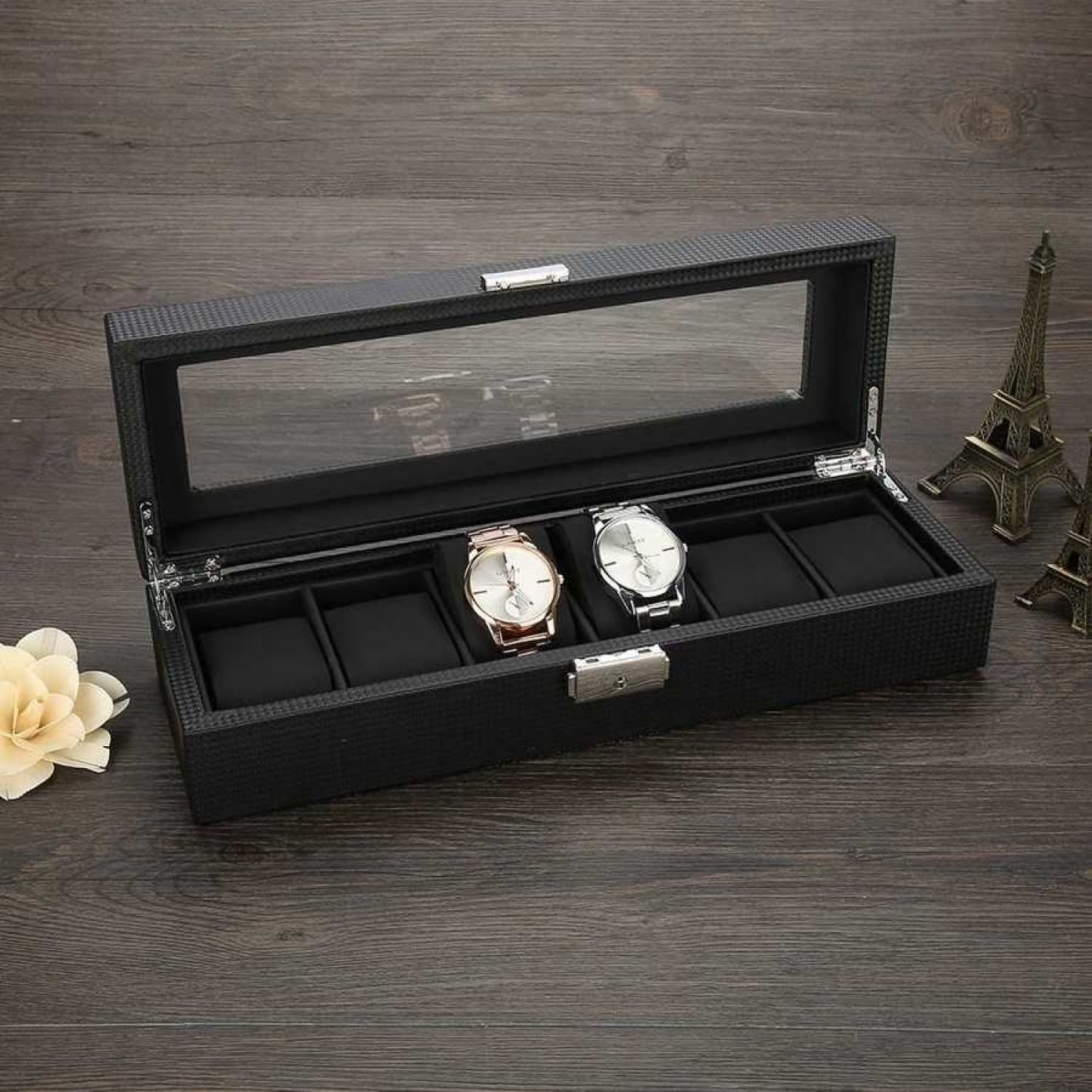 Coffret à montres en carbone noir – 6 emplacements – vue 6 – Cléophée Paris