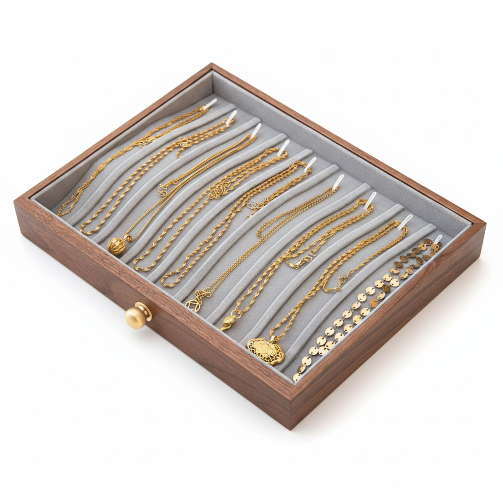Coffret noyer & laiton avec couvercle verre – 3 niveaux, 2 tiroirs - Cléophée Paris