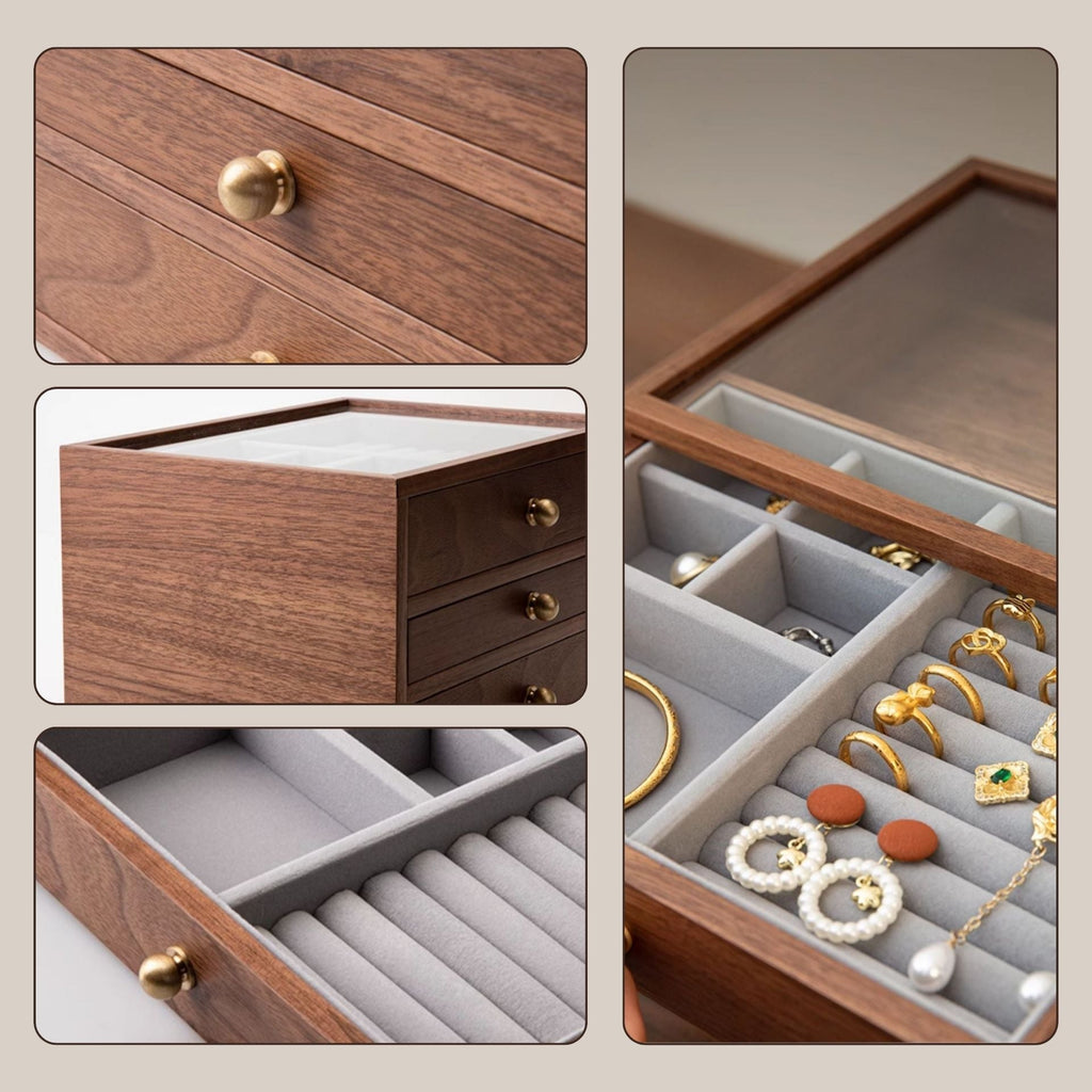 Coffret noyer & laiton avec couvercle verre – 3 niveaux, 2 tiroirs - Cléophée Paris