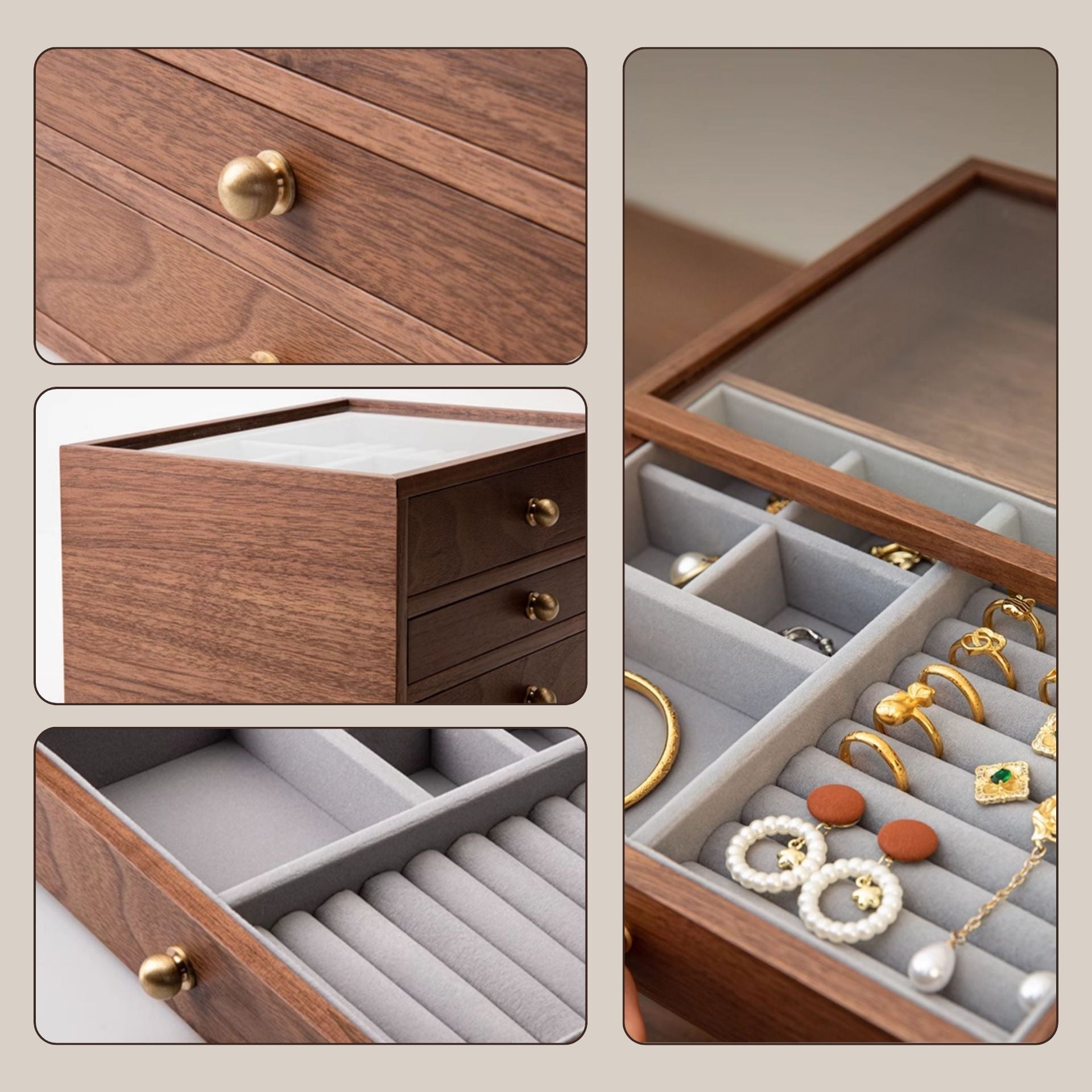 Coffret noyer & laiton avec couvercle verre – 3 niveaux, 2 tiroirs - Cléophée Paris