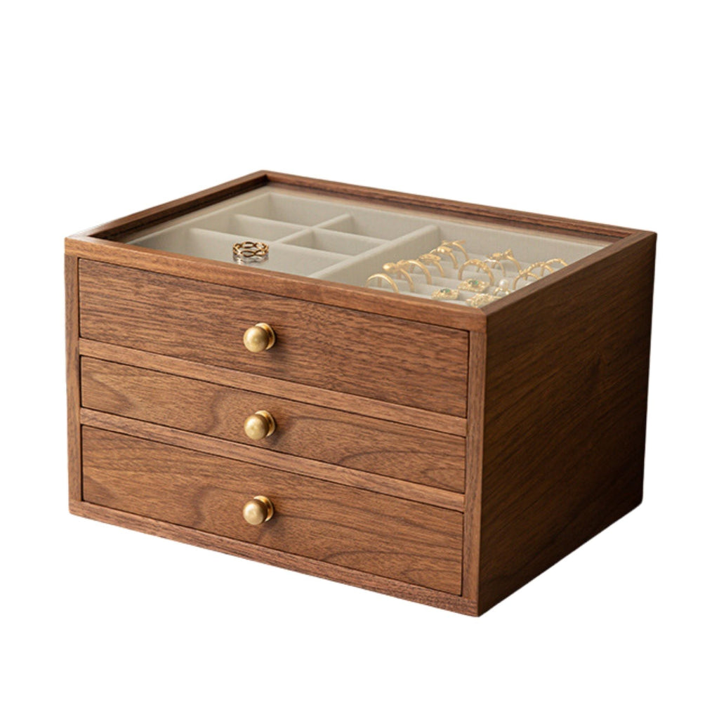 Coffret noyer & laiton avec couvercle verre – 3 niveaux, 2 tiroirs - Cléophée Paris