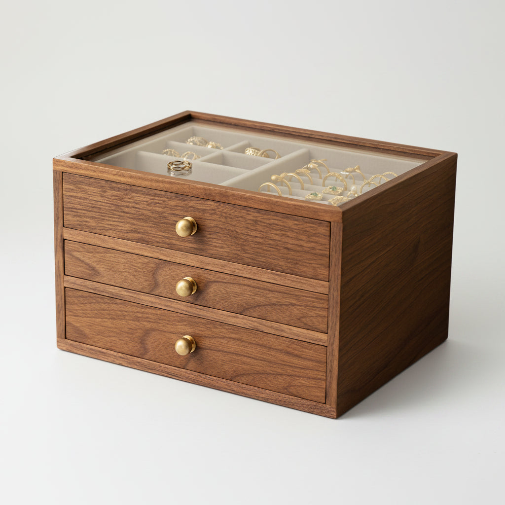 Coffret noyer & laiton avec couvercle verre – 3 niveaux, 2 tiroirs - Cléophée Paris