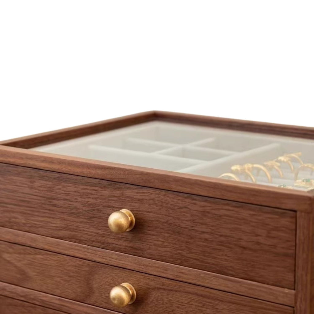 Coffret noyer & laiton avec couvercle verre – 3 niveaux, 2 tiroirs - Cléophée Paris