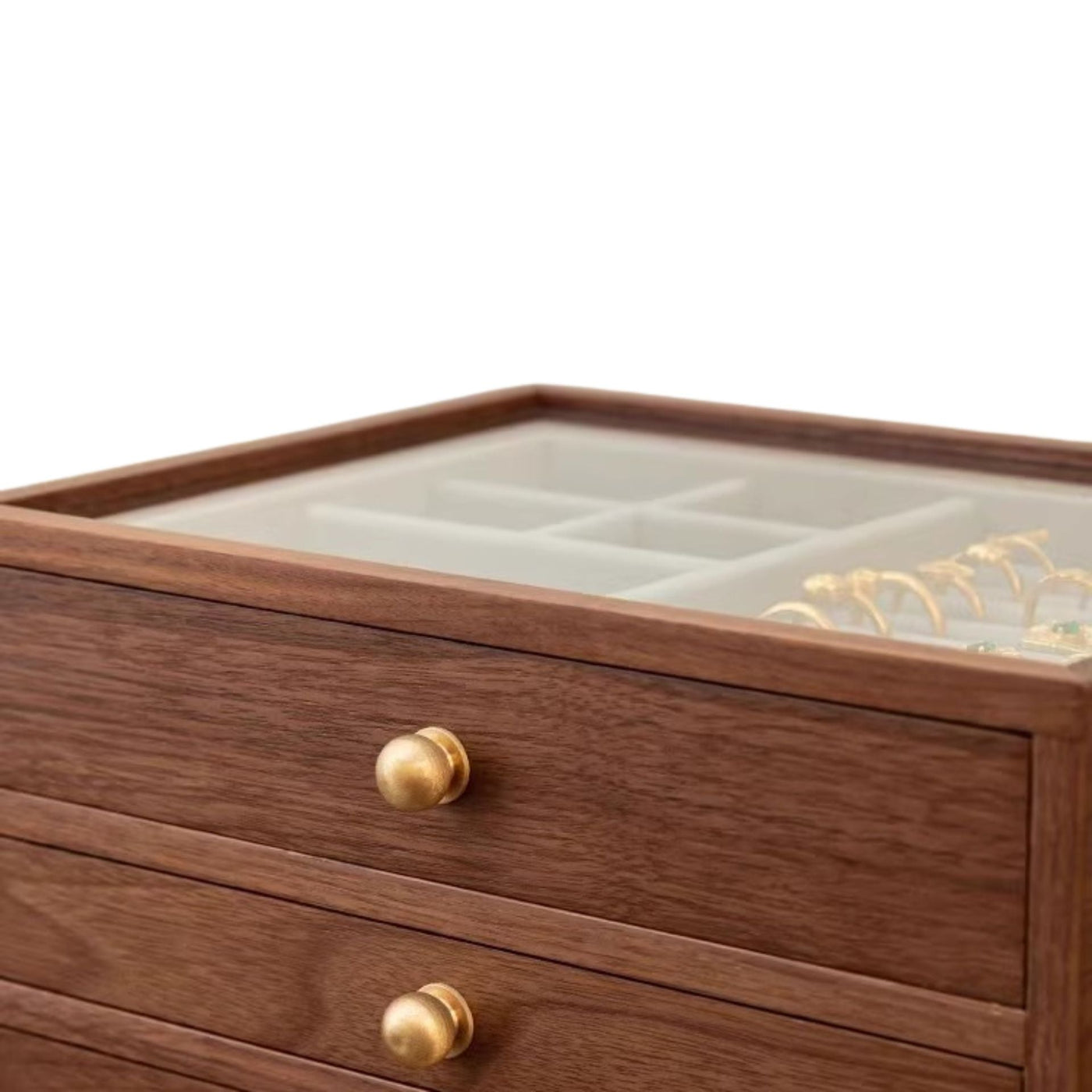 Coffret noyer & laiton avec couvercle verre – 3 niveaux, 2 tiroirs - Cléophée Paris