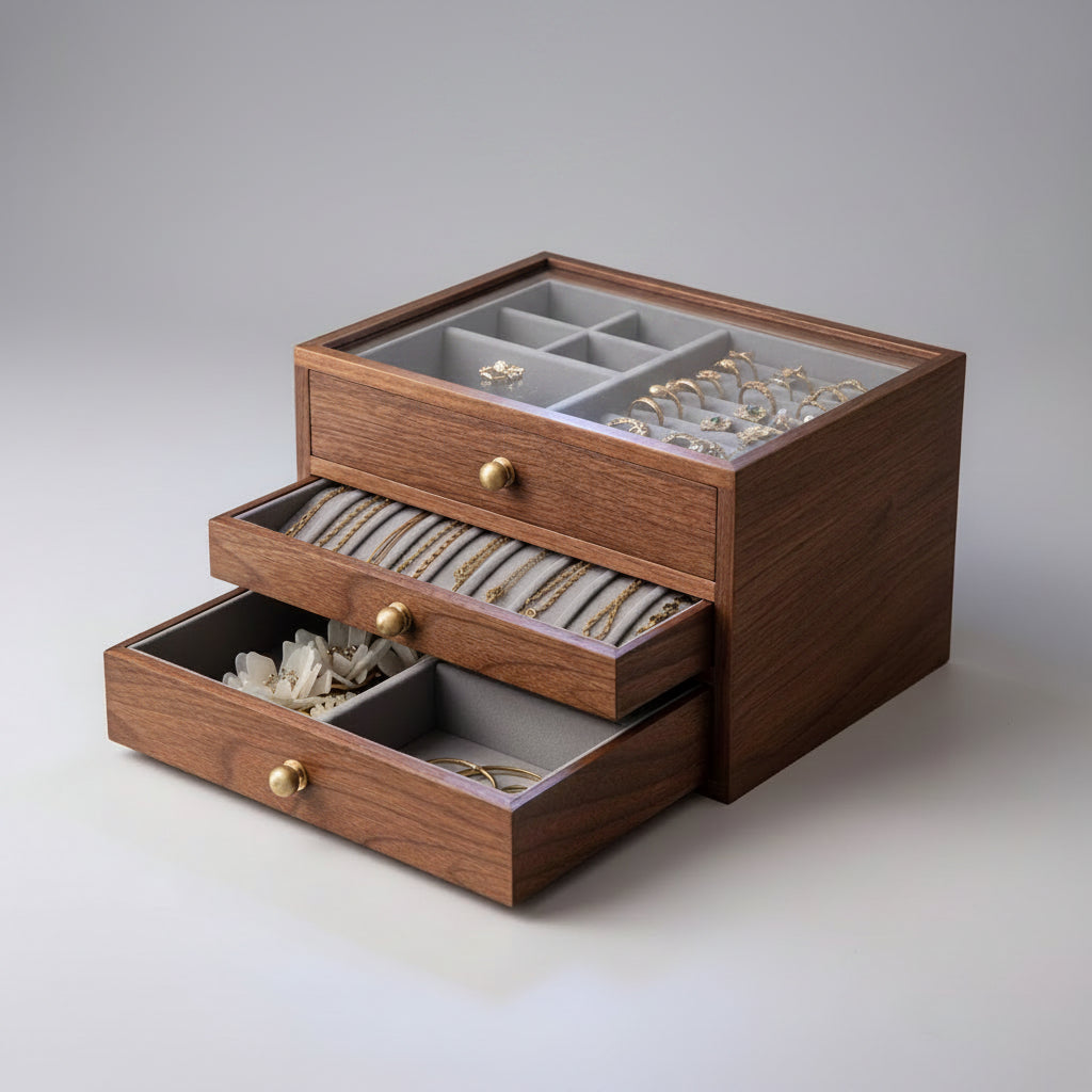 Coffret noyer & laiton avec couvercle verre – 3 niveaux, 2 tiroirs - Cléophée Paris