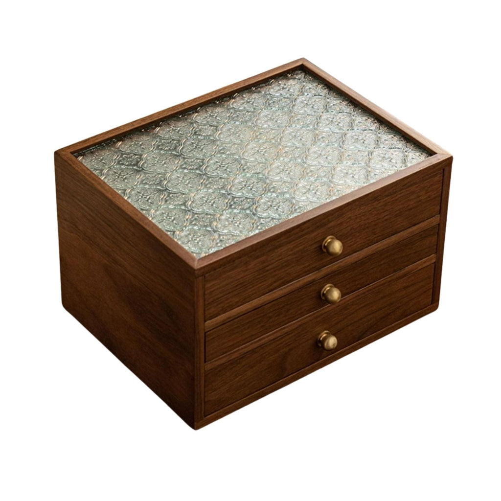 Coffret noyer & laiton avec couvercle verre – 3 niveaux, 2 tiroirs - Cléophée Paris
