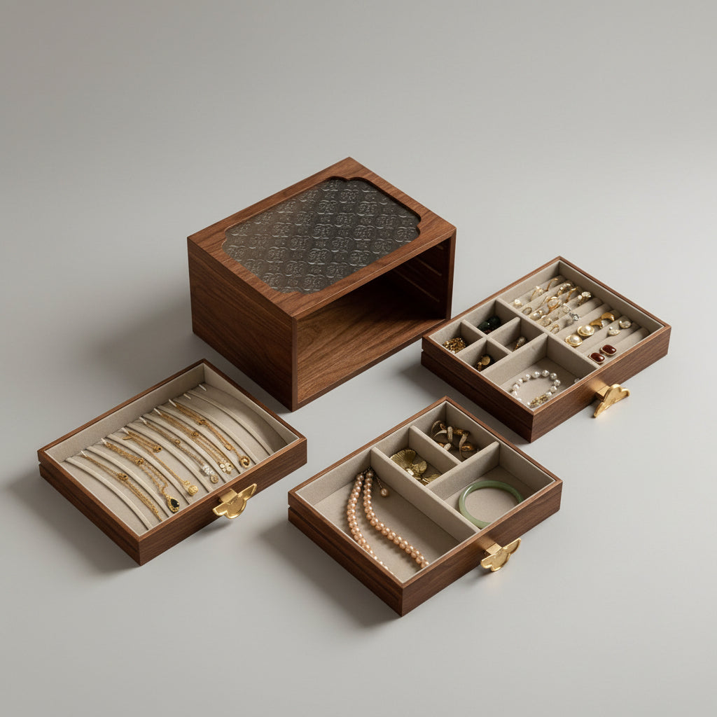 Couvercle en verre floral du coffret à bijoux en noyer – Cléophée Paris