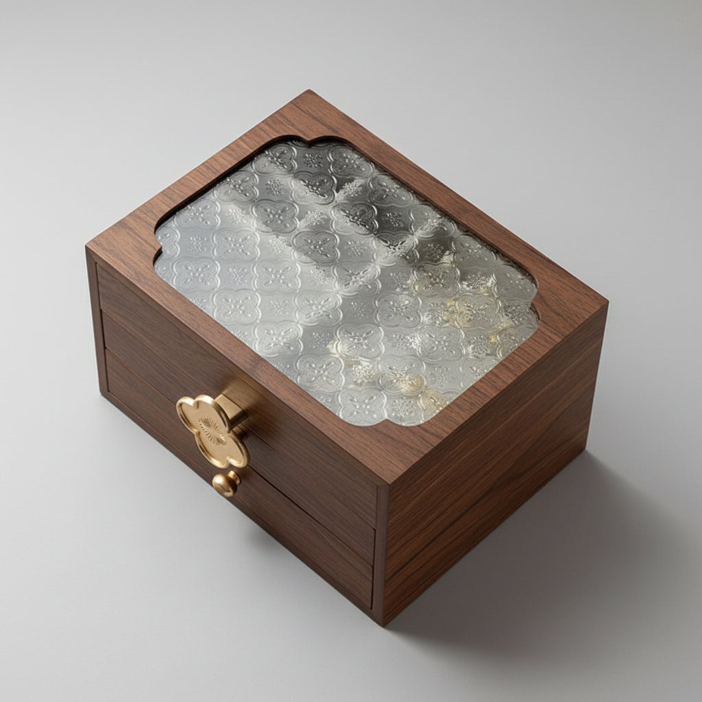 Coffret à bijoux noyer et laiton posé sur une coiffeuse – Cléophée Paris