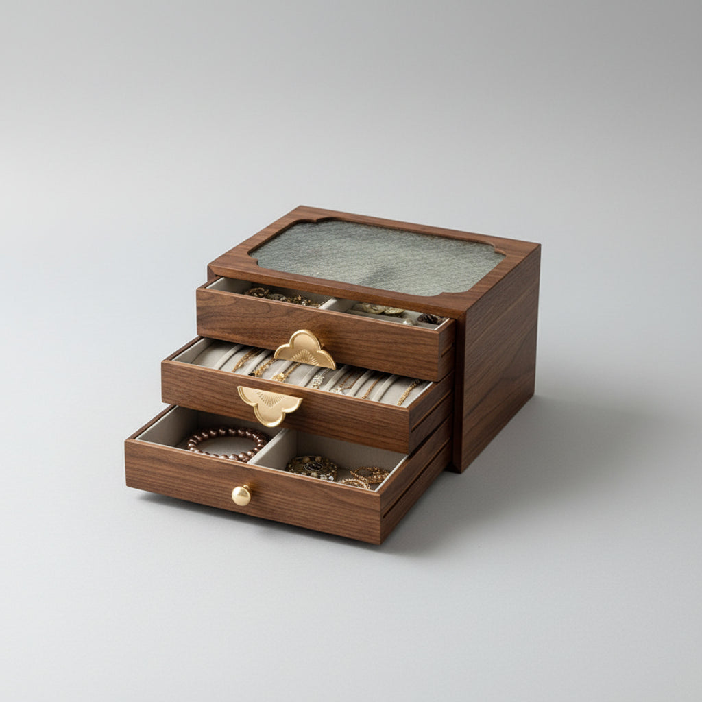 Tiroirs du coffret à bijoux noyer pour bagues et boucles d'oreilles – Cléophée Paris