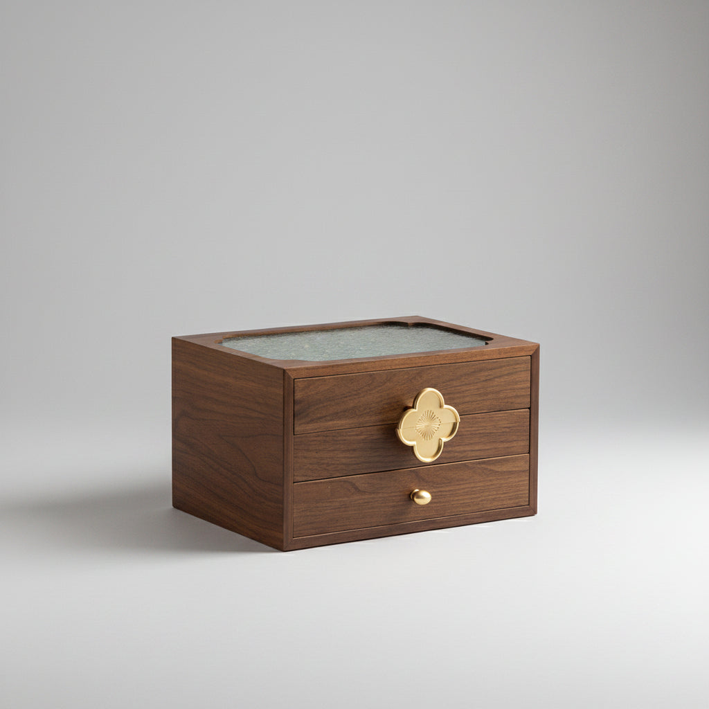 Coffret à bijoux noyer et verre floral, 3 niveaux et 2 tiroirs – Cléophée Paris