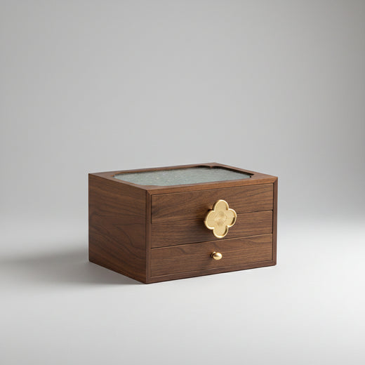 Coffret à bijoux noyer et verre floral, 3 niveaux et 2 tiroirs – Cléophée Paris