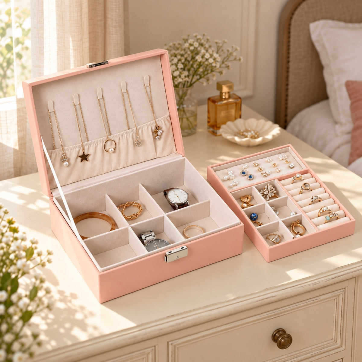 Boîte à bijoux cuir PU, 2 niveaux et plateau amovible, en situation