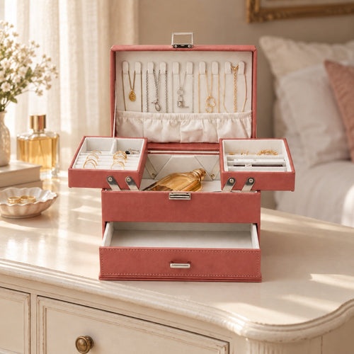 Boîte à bijoux en cuir, 3 niveaux avec tiroir, en situation