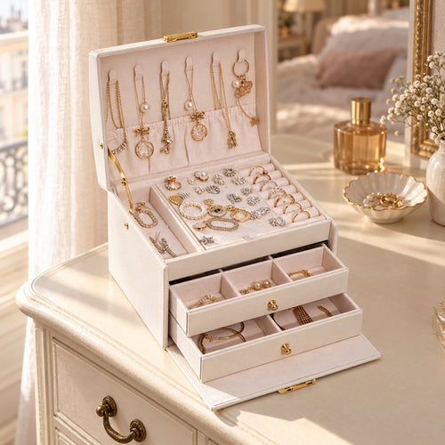 Boîte à bijoux Luvarie en cuir PU, 3 niveaux avec verrou