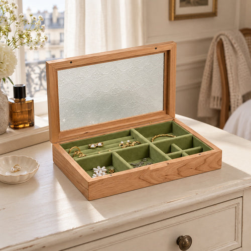 Boîte à bijoux en noyer et cerisier massif (compacte)