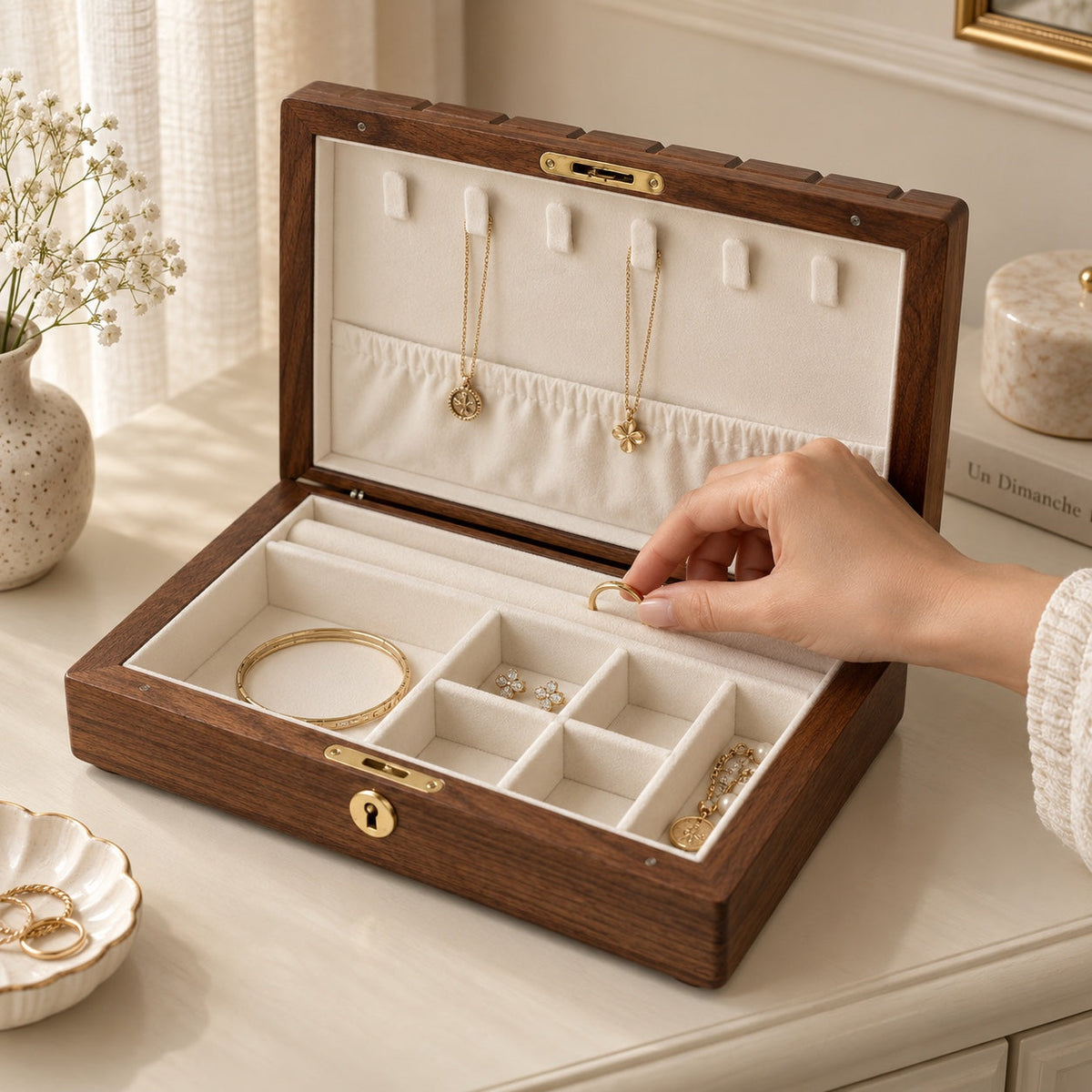 Boîte à bijoux en noyer massif, style chocolat, en usage