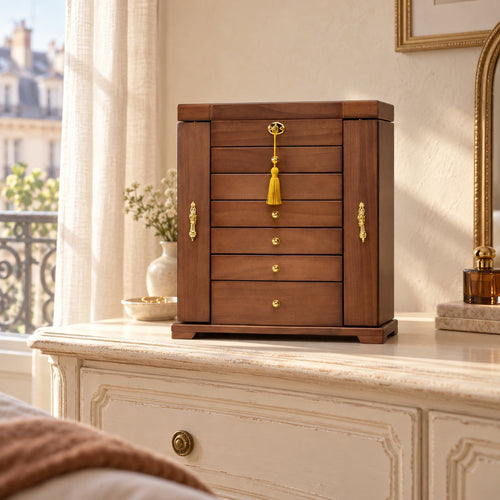Coffret à bijoux en bois 7 niveaux avec miroir et serrure