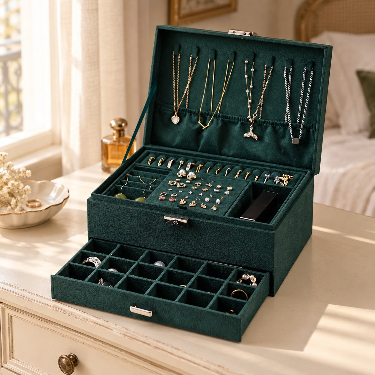 Coffret à bijoux en velours, multi-niveaux verrouillable, en situation