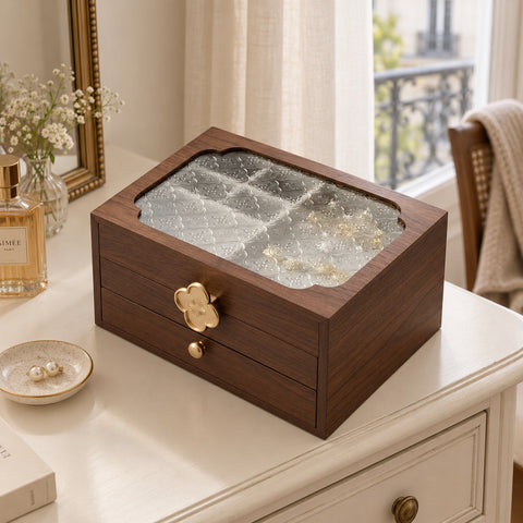 Coffret noyer et verre floral, 3 niveaux, en situation