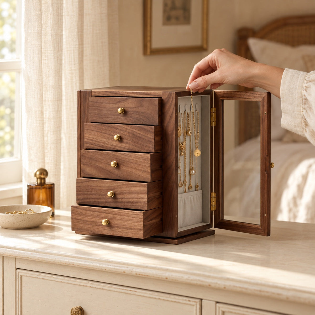 Coffret Panorama 360, bois et vitres, en usage