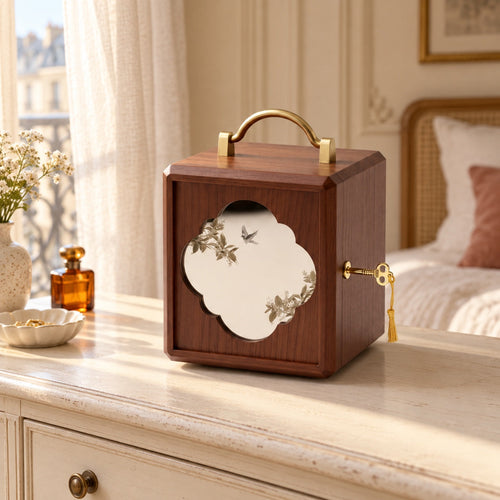 Grande boîte à bijoux en bois, feuilles dorées peintes