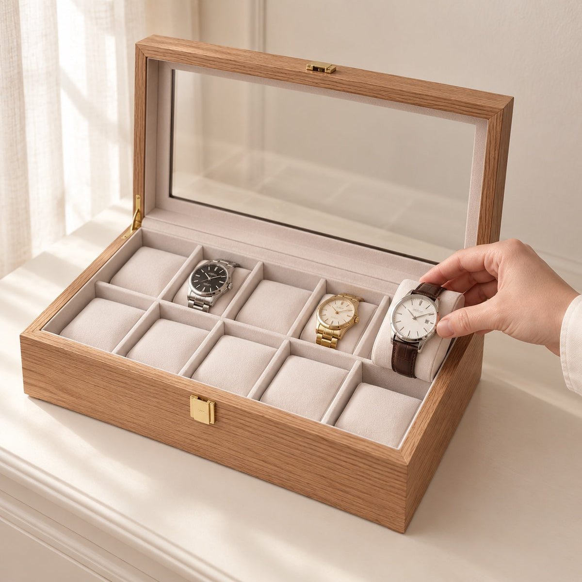 Coffret 10 montres en bois de noyer, tenu en main
