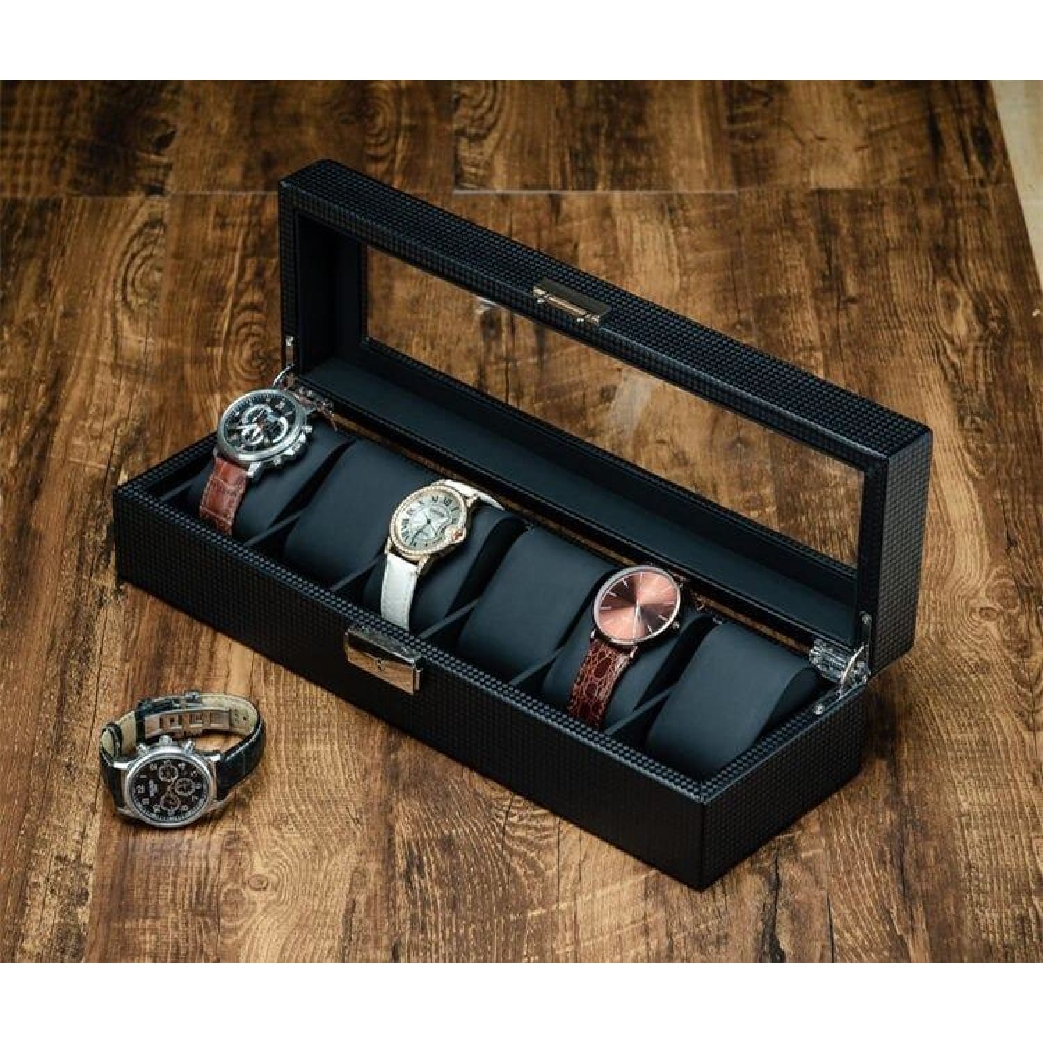Coffret à montres en carbone noir – 6 emplacements – vue 7 – Cléophée Paris