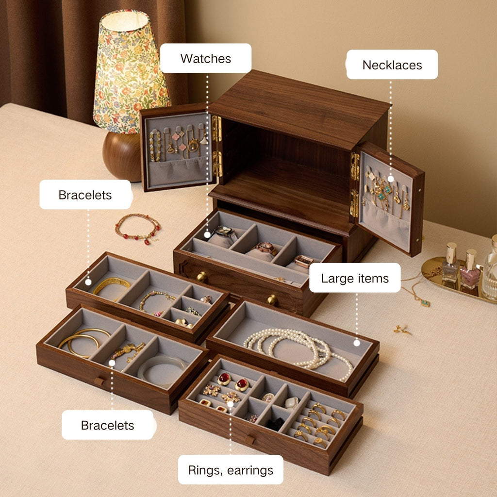 Grand Coffret à Bijoux en Noyer – 5 Tiroirs et Portes au Choix - Cléophée Paris