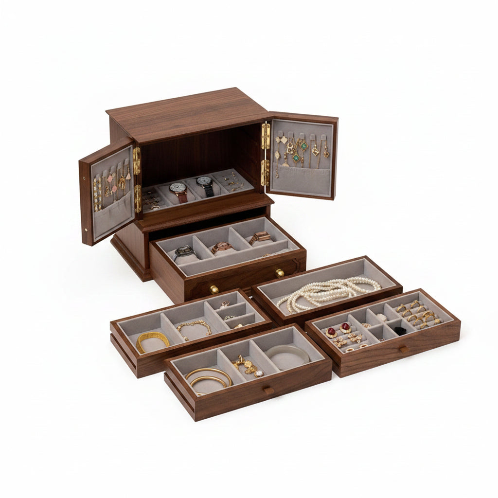 Grand Coffret à Bijoux en Noyer – 5 Tiroirs et Portes au Choix - Cléophée Paris