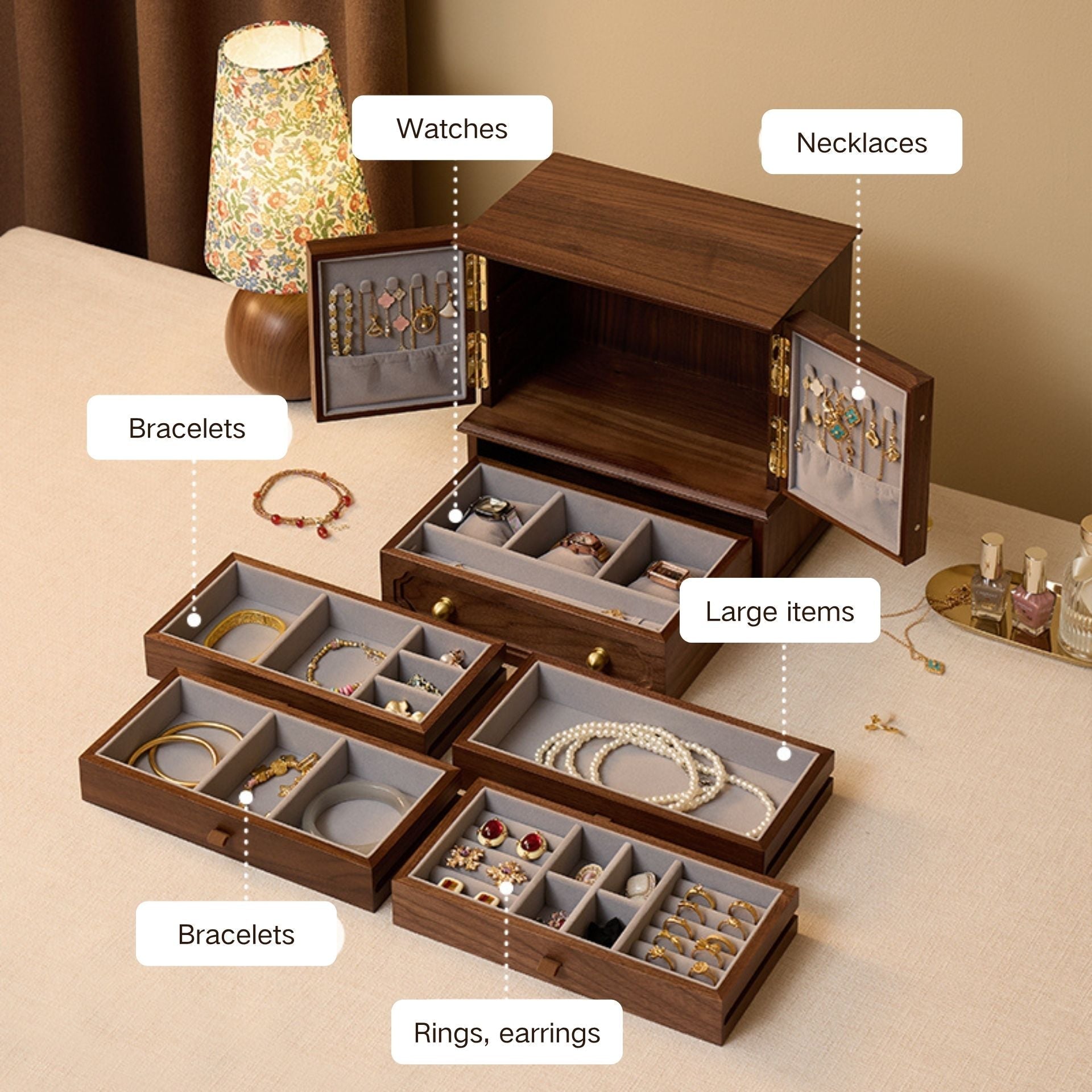Grand Coffret à Bijoux en Noyer – 5 Tiroirs et Portes au Choix - Cléophée Paris