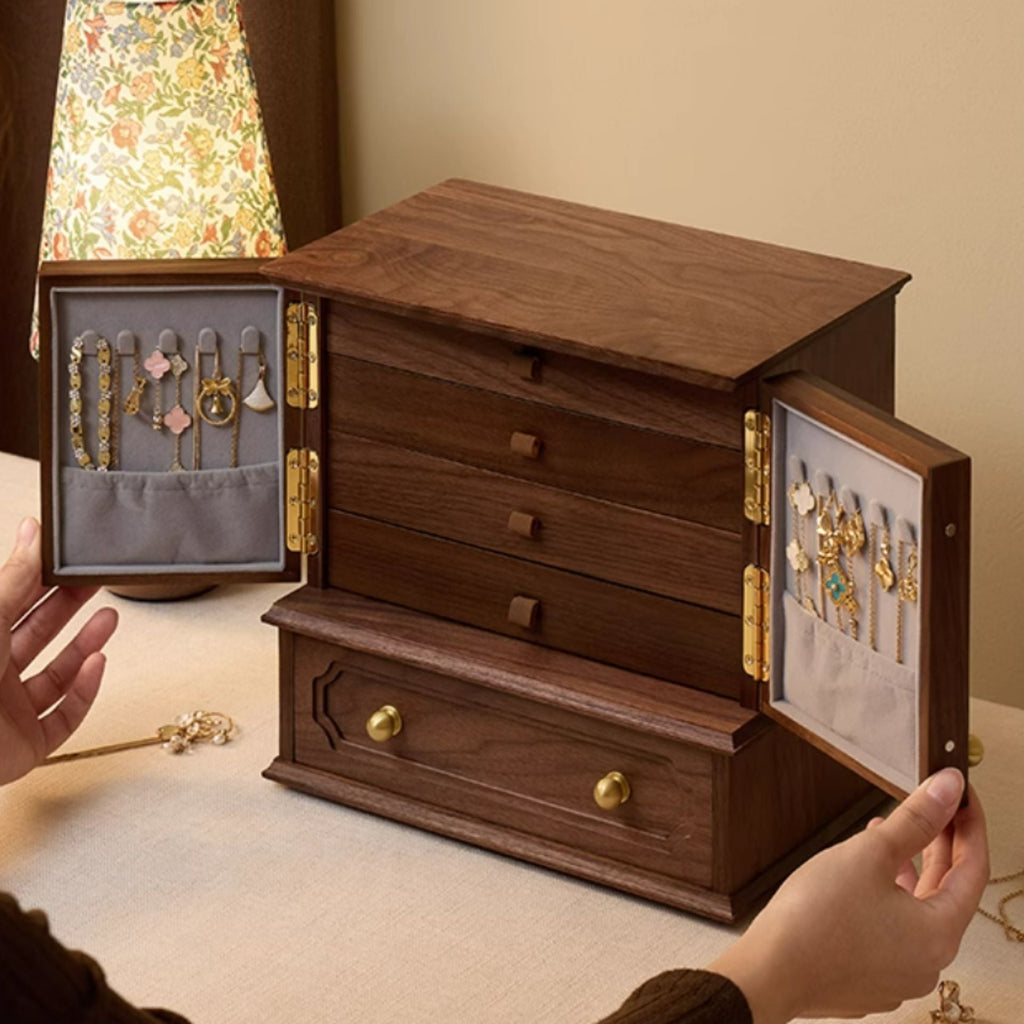 Grand Coffret à Bijoux en Noyer – 5 Tiroirs et Portes au Choix - Cléophée Paris